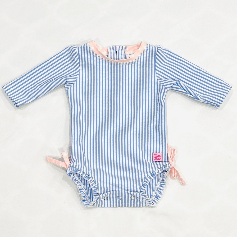 NWOT Ruffle Butts Infant/Newborn One Piece Seersucker Rashguard Swimsuit